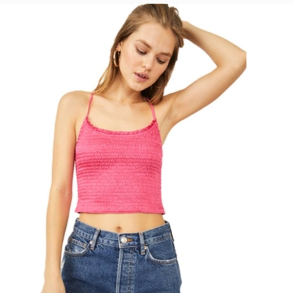 Free People Hot Pink Right On Time Smocked Cami Size Small Spaghetti Strap Top